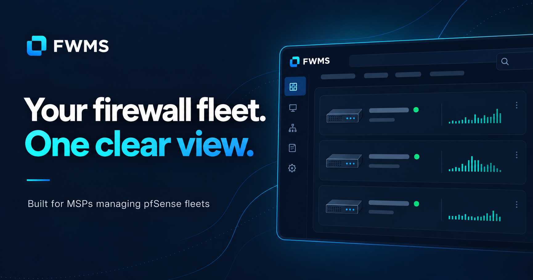Illustration of a central FWMS console with connected firewalls, online indicators, and traffic charts